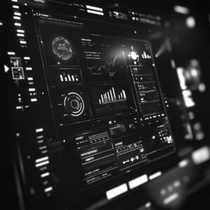 Ein schwarz weiß Foto von einem Display welches Grafiken und Grafen anzeigt die zum Webdesign und Online Marketing gehören.